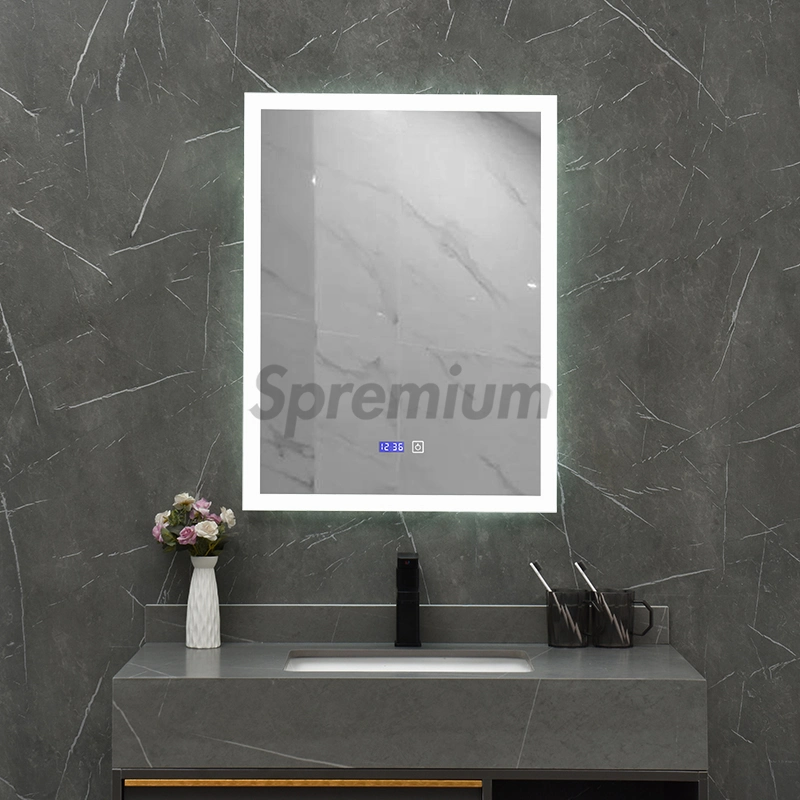 Affichage en temps étanche de style moderne de la touche écran mural Rectangle Smart salle de bain WC MIROIR AVEC VOYANT LED