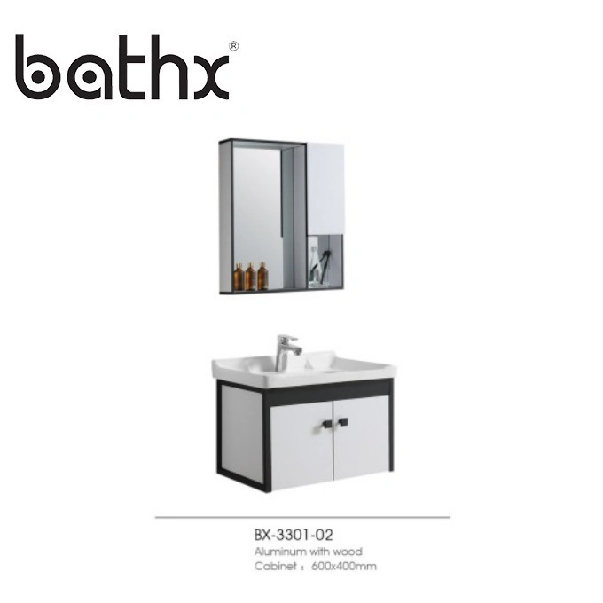 Europa Stil Badezimmer Schrank Set Moderne Waschtisch Wand Montiert Aluminium Holzmaserschrank mit Spiegel für Indien