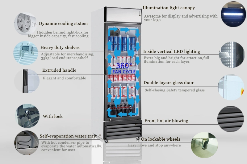 Puerta de vidrio embotellador vertical refrigerador para la promoción de bebidas energéticas Supermercado