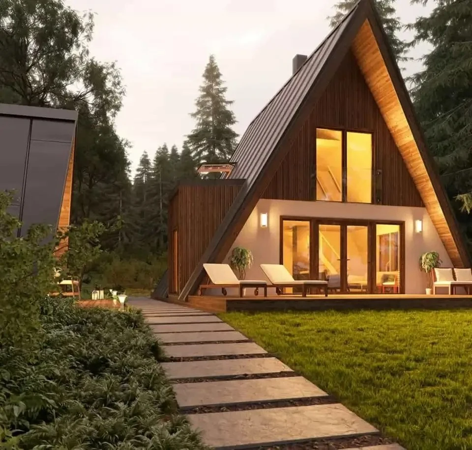 Maison triangulaire moderne de luxe préfabriquée avec décoration de mobilier.