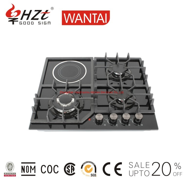 Factory Price 59cm Stainless Steel Panel 1 Electric Hotplate with 3 Gas Burner Gas Hob