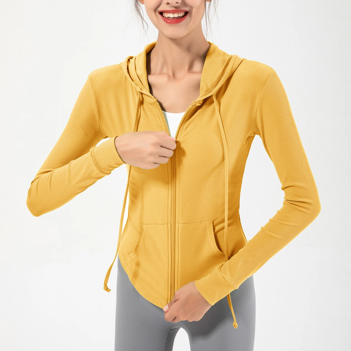 New Design Cute Slim Fit Long Sleeve Athletic Running Hooded Jacket with Full Zipper, Custom Daily Ball Sports Fitness Hoodies with Side Pockets for Women