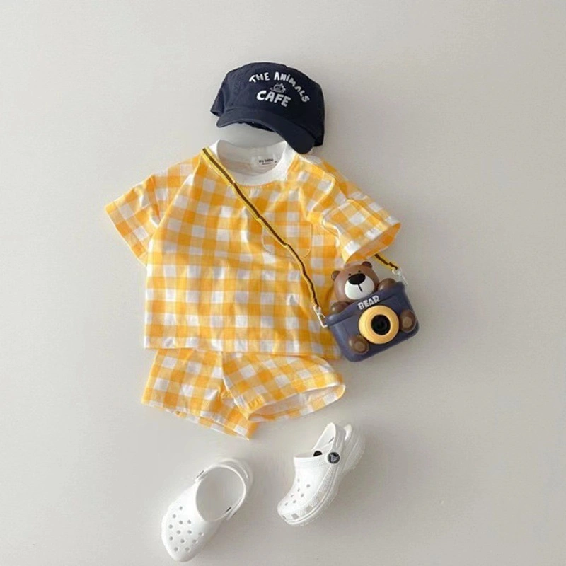 Children Cotton Short Sleeve Suit Summer Baby Love Plaid Print Casual T-Shirt