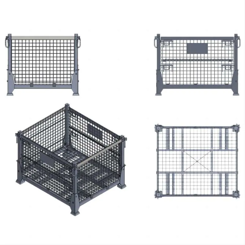 Conteneur de stockage en fil métallique pliable pour entrepôt, empilable et transportable.