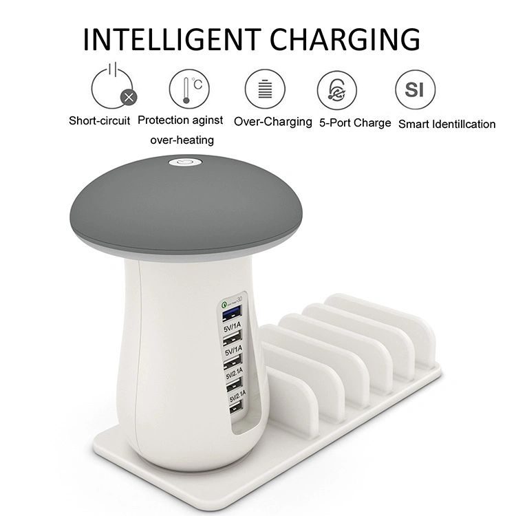 Mushroom Lamp LED 5-Port Charger Station iPod Cell Phone QC3.0 Fast Charging Stand