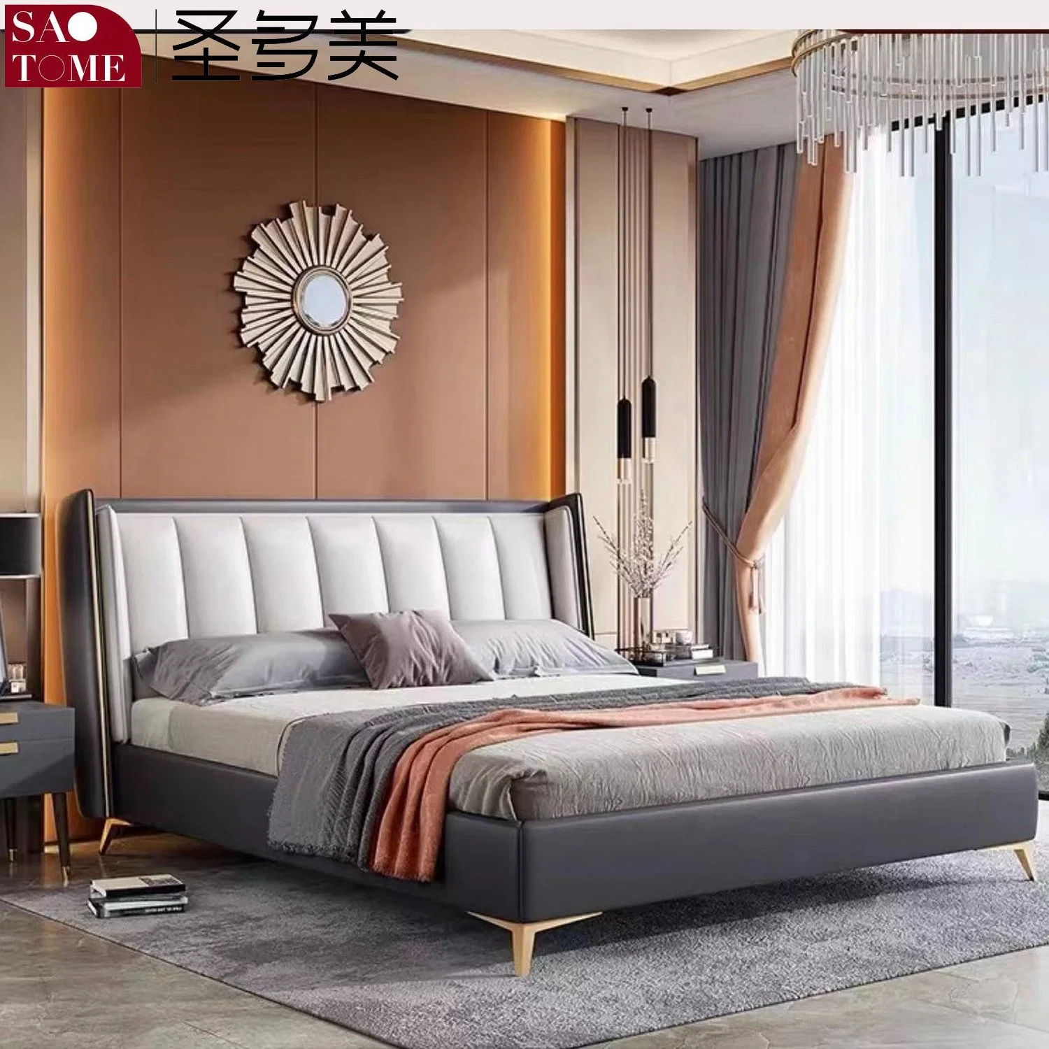 Отель спальни мебелью темно-серая кожа деревянные рамы двуспальная кровать