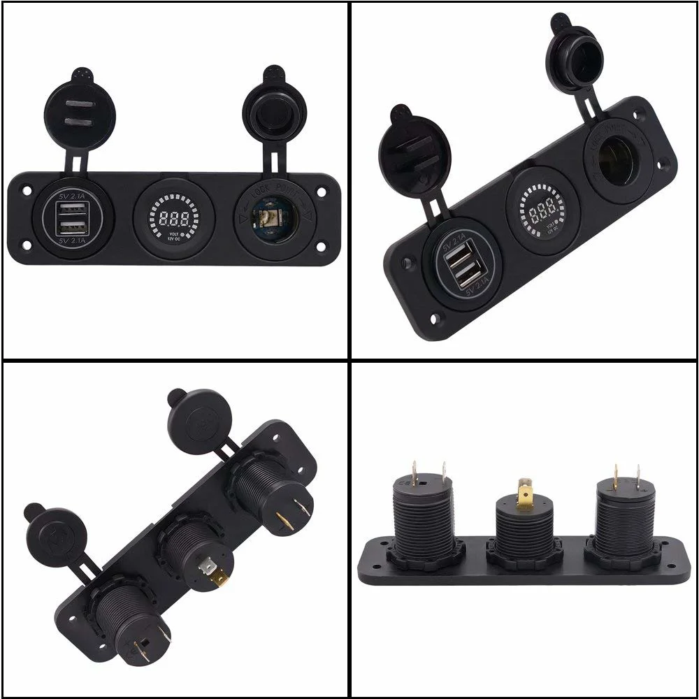 Car Motorcycle Triple 4.1A USB Charger + LED Voltmeter + 12V/24V Cigarette Lighter Socket Three Hole Panel