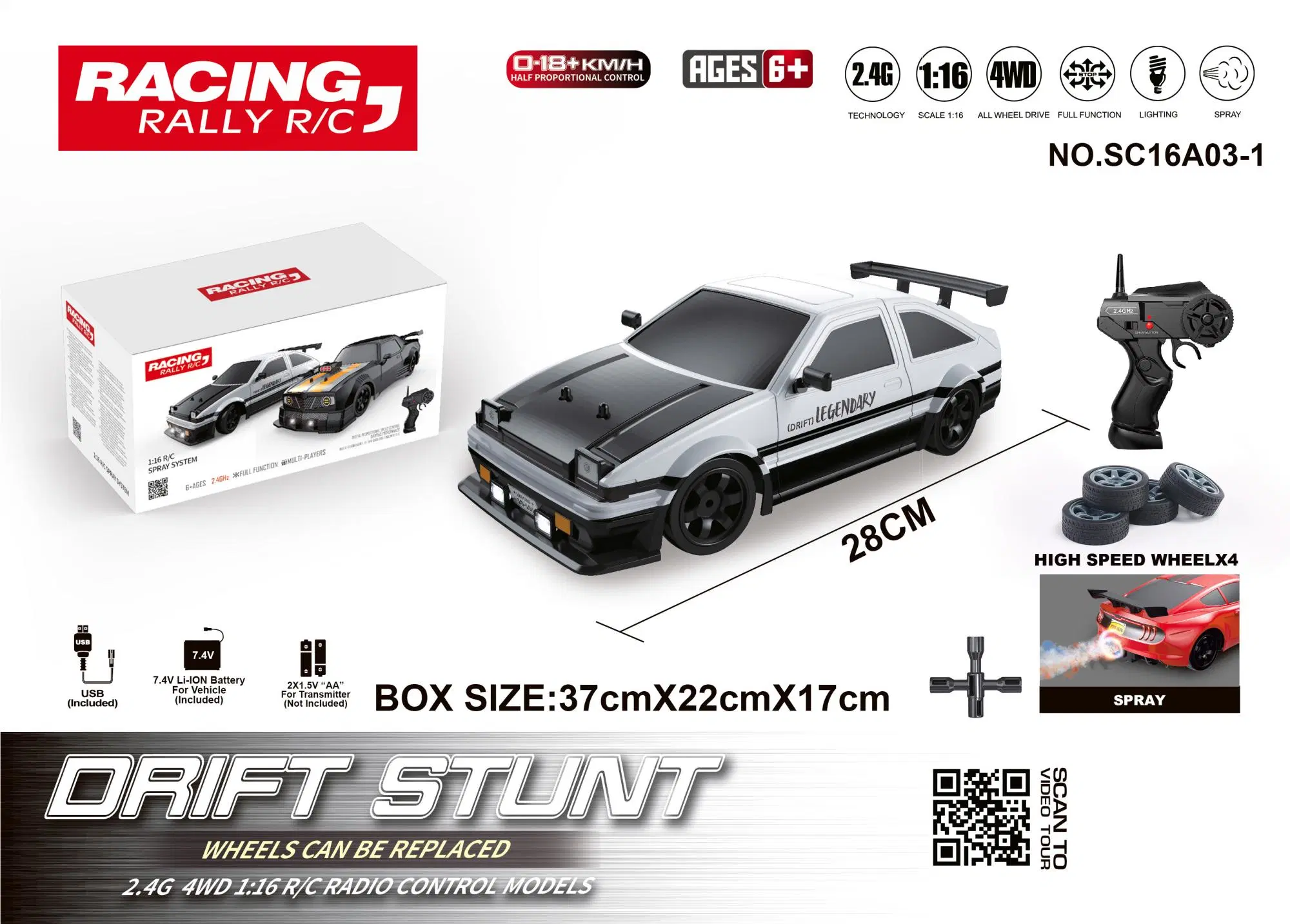 2022 Neues Produkt 1: 16 Simulation 4WD Drift Car Sc16A01-1 Electric Business Box Package Electric 2,4GHz LED Licht Rauch-Funktion 4 Radantrieb Drift Performance