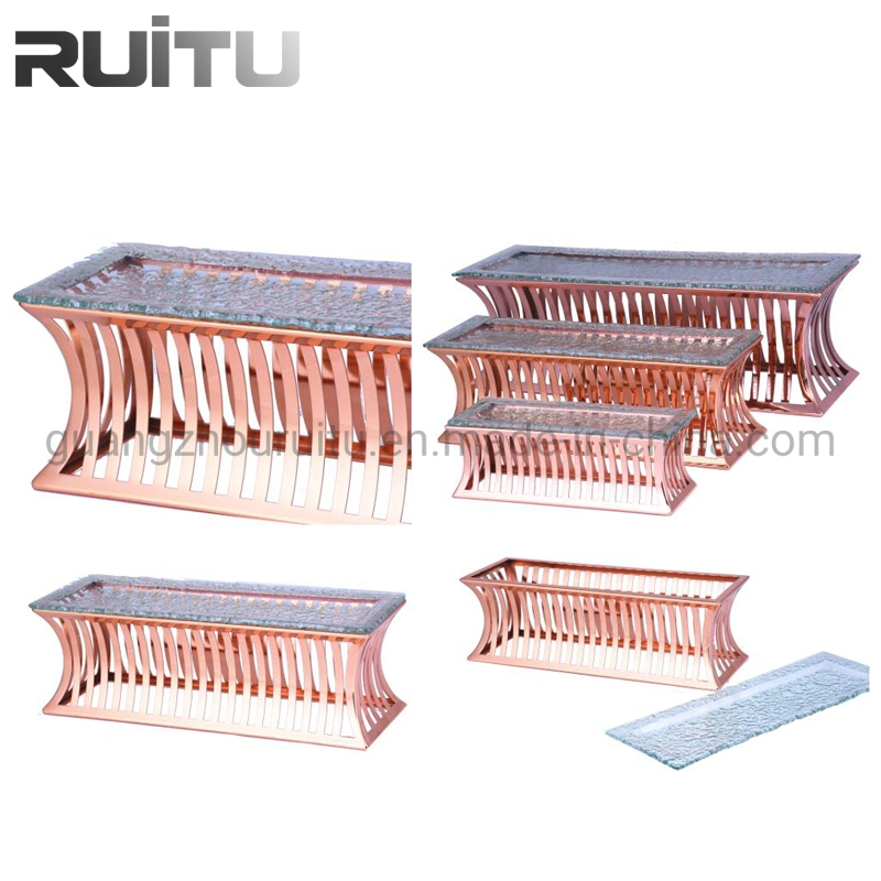 Tabletop Rose Gold Copper Rack Risers Long Glass Platters 4 Tier Hotel Buffet Dessert Sweet Server Ladder Set Food Stand Display