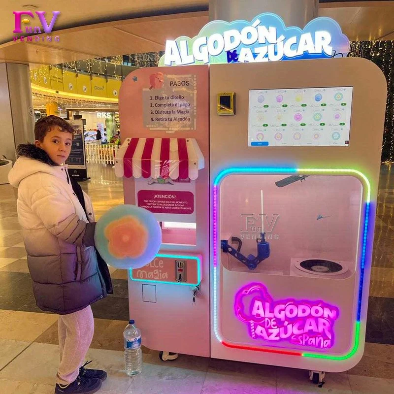 Máquina de venda automática de algodão doce rosa comercial Fairy Floss Robot.