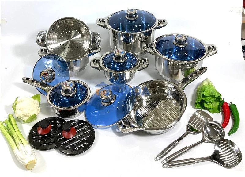 24 Pieces Stainless Steel Cookware Set with Blue Glass Lid, Wide Edge Cookware-African Market