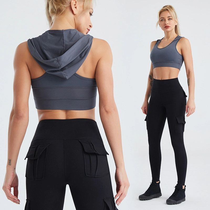 Wear for Women Hooded Sleeveless Slim Fitted Shirt Stretchy High Waist Back Pockets Leggings Yoga Gym Fitness Wear