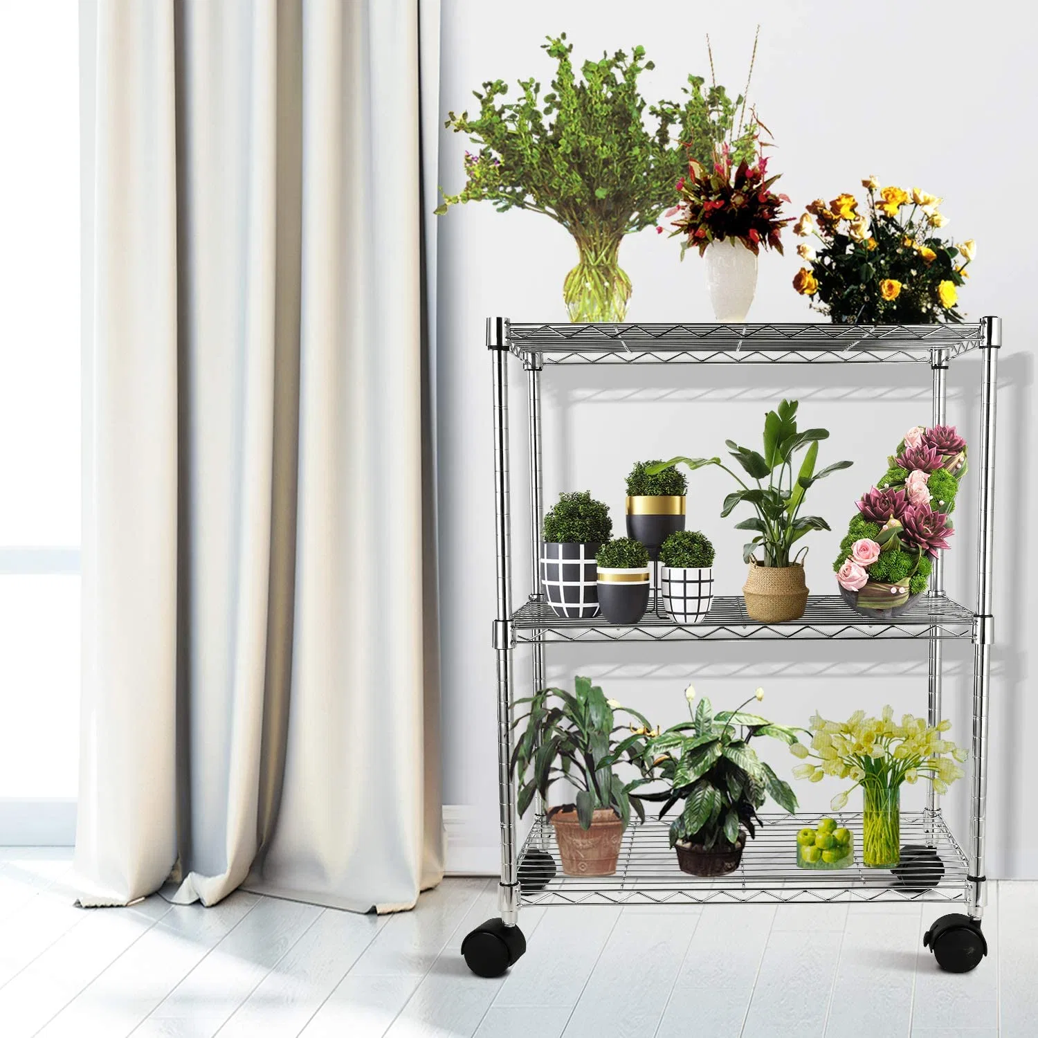 Four Wheels Multilayer Cart Heavy Duty Platform Wire Shelf Hand Trolley for Goods Carrying Succulents