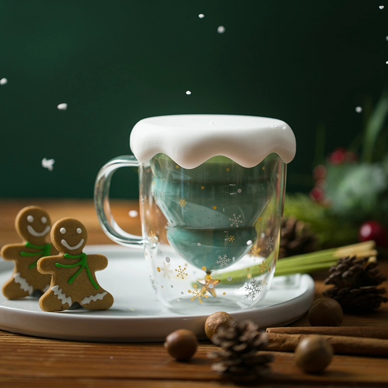 Manufacture New Design Double Wall 3D Snow Globe Coffee Mug Merry Christmas Gift Set Mug Santa Tree Glass Cup 300ml