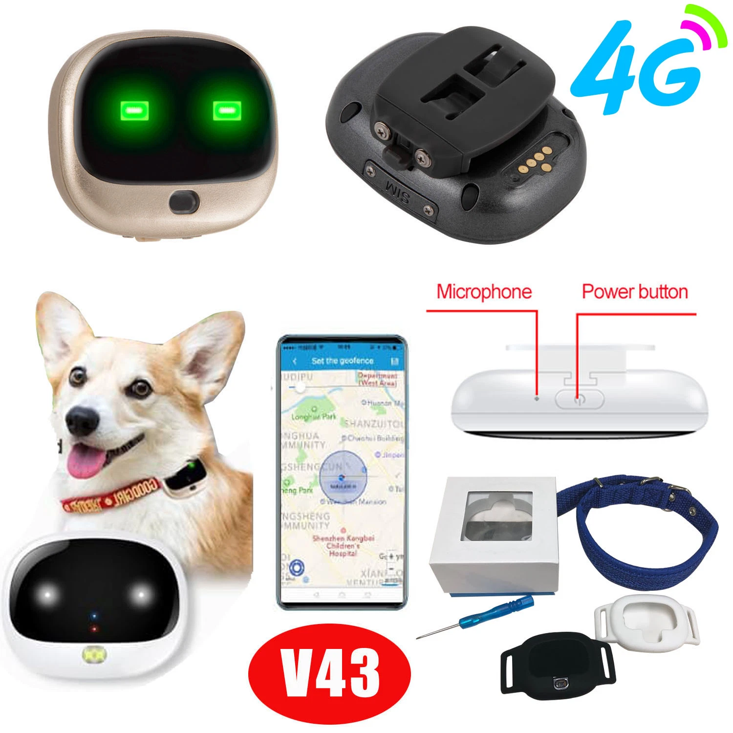 Quality Anti Lost Mini IP67 Waterproof 4G Security Pets Tracking Cat Dog GPS Tracker Device with Long Battery Life V43
