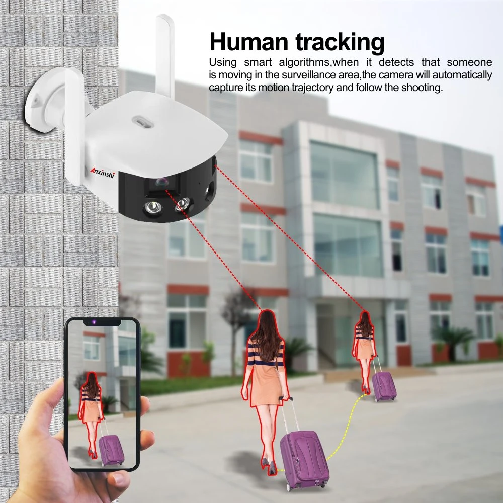 Dual Light Warning Full-Color Infrared Night Vision Human Detection 128g TF Card IP66 Icsee/Xmeye 4MP+4MP WiFi Dual Lens 180 Degree Fisheye Panoramic IP Camera