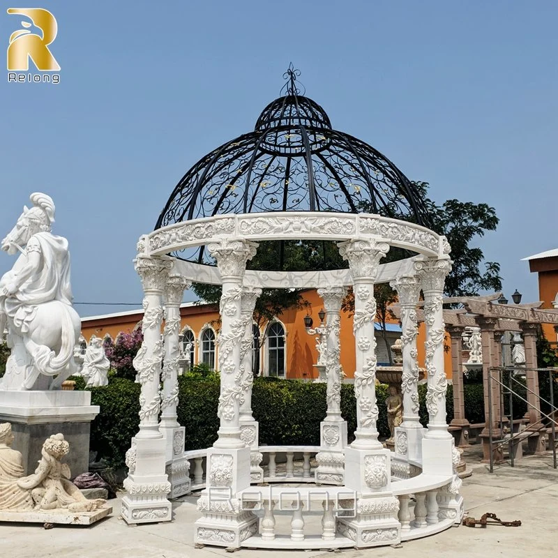 Patio exterior Gran Pabellón de mármol Blanco Gazebo con tapa de hierro