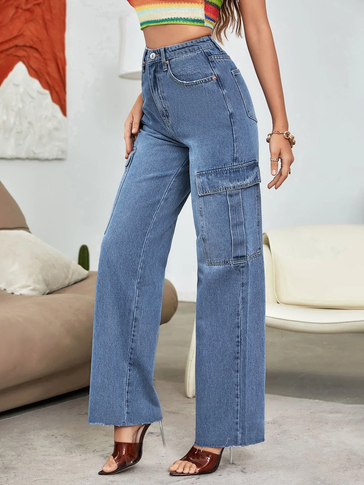 New Fashion Brand Jeans Lasies Design High-Waisted Side Flip Pocket Frayed Edge Straight Leg Jeans