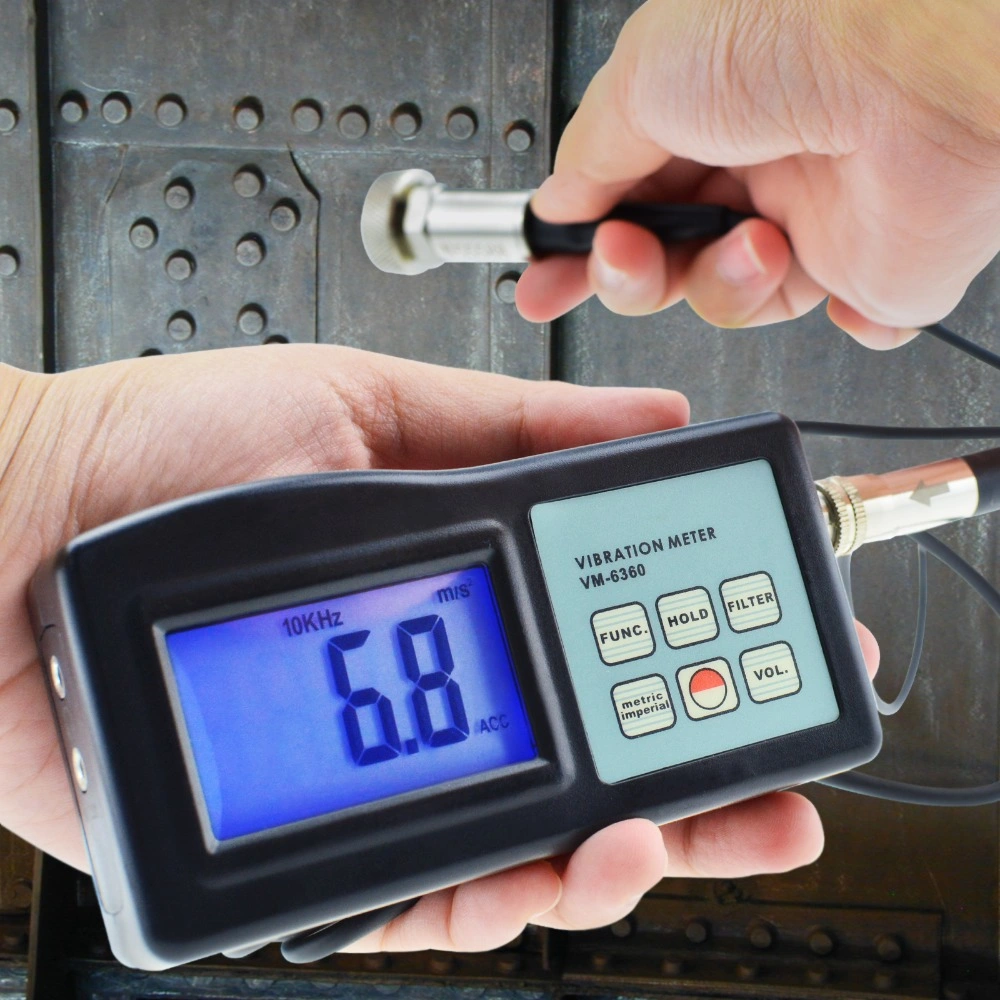 Medidor de vibraciones Vibrometer Digital Analizador de probador de trocha 10Hz-10kHz de la velocidad de aceleración de las medidas de desplazamiento de frecuencia de rpm (VM-6360)