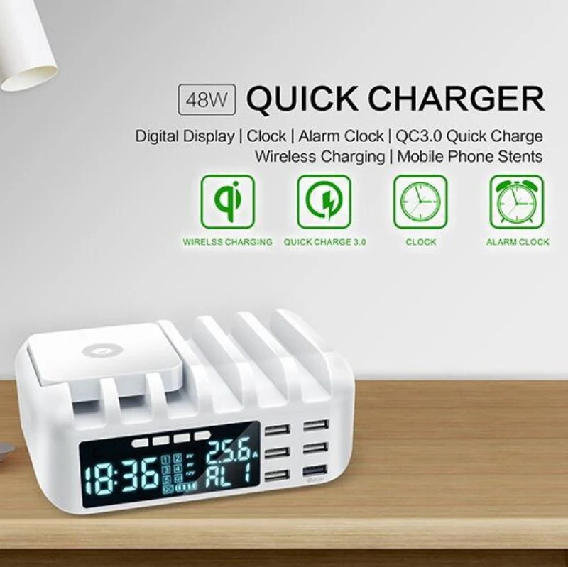 New Arrivals QC3.0 Quick Charge Wireless Charger Digital Display Alarm Clock with 6 Charging Ports