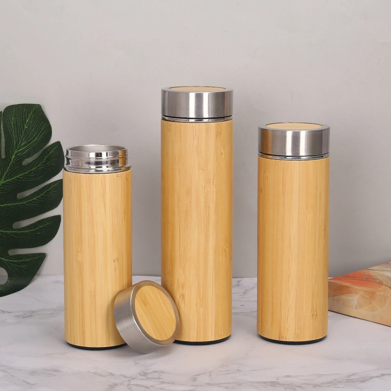 Hochwertige Isolierung Doppelwand Bambus Thermos Edelstahl Vakuum Flasche mit Tee-Infuser