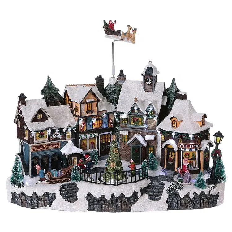 Holiday Snow House Decoration Polyresin Light Christmas Village Figurines Animated