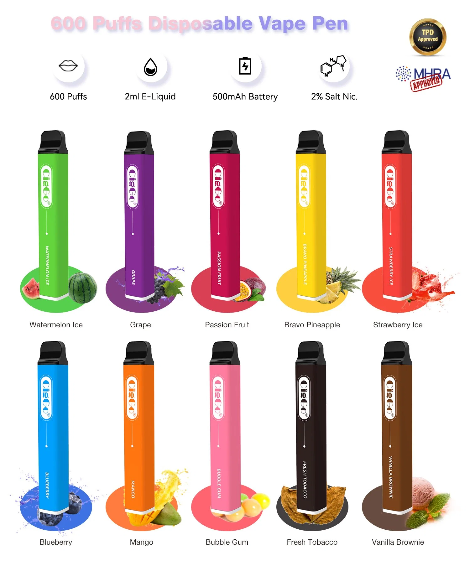 Atacado 600 Puffs preço 2ml TPD descartável Pape Electronic Chacete Caneta descartável