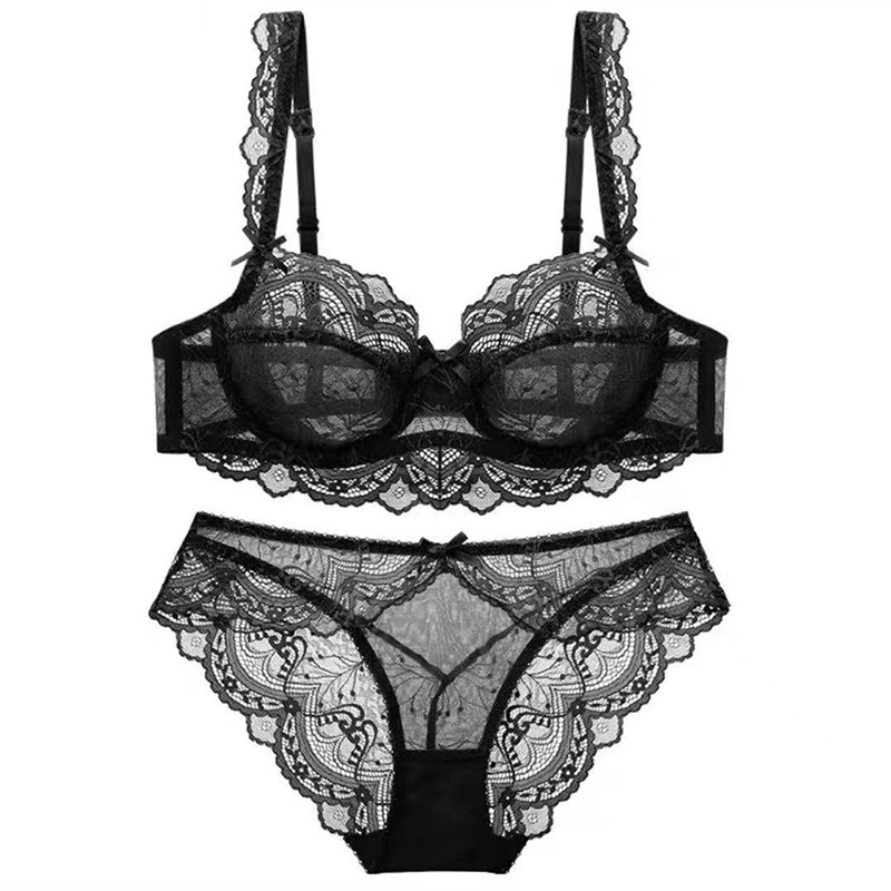 Ultra-Thin Breathable Two Pieces Adult Underwear Embroidery Lace Women Sexy Lingerie Set