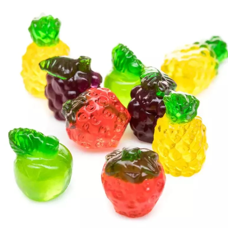 Commerce de gros de produits halal sans sucre OEM 4D en forme de centre de fruits juteux avec le remplissage de bonbons mous Gummy Candy