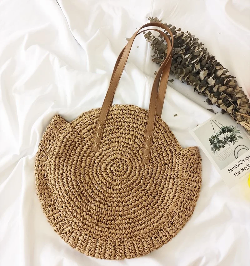 Round Shape Paper Straw Summer Beach Tote Bag Fashion Lady Handbag Beach Handbag Woman Handbag Shoulder Handbag