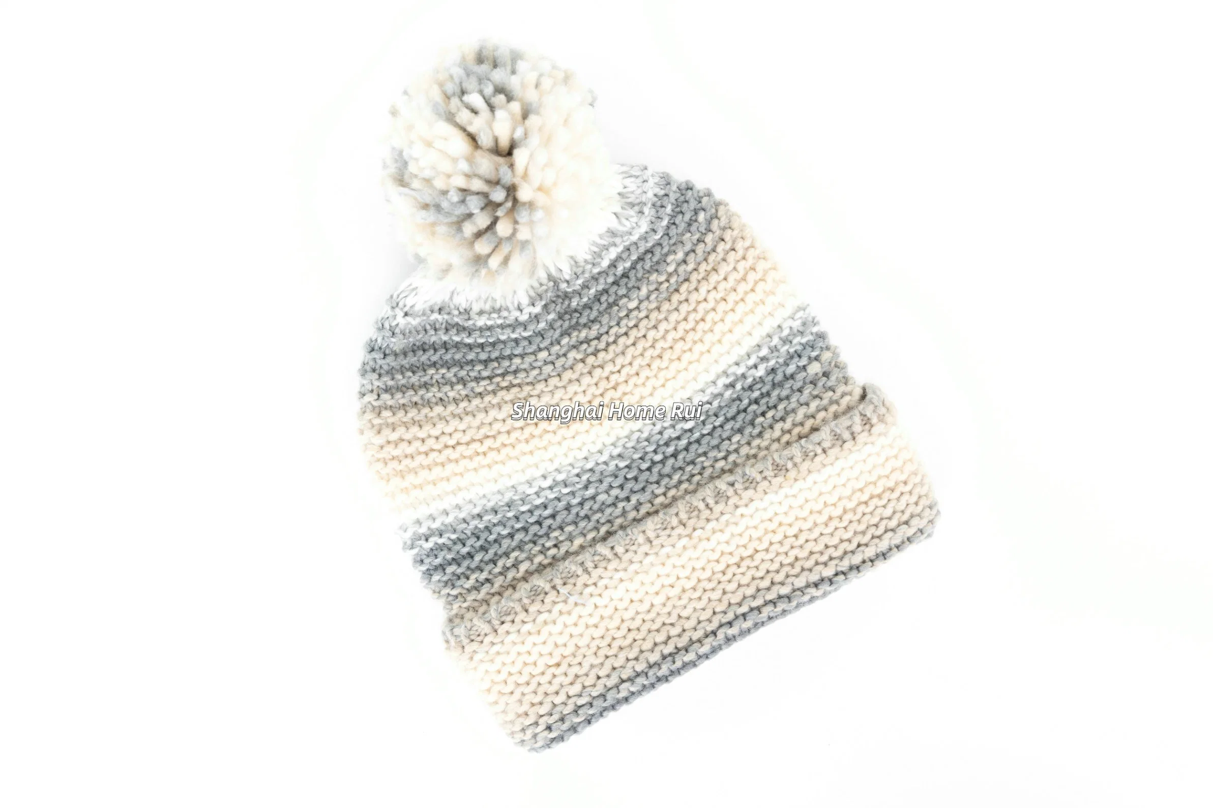 Les femmes chaud Slouchy doux chant de pliage en acrylique Blanc Gris Beige Pompom Blended mixte Bonnet rayé décontracté Beanie Hat