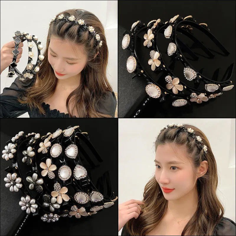 New Design Double Layer Pearl Rhinestones Headband Flower Lazy Makeup Headband with Clip Women Bling Hair Accessories