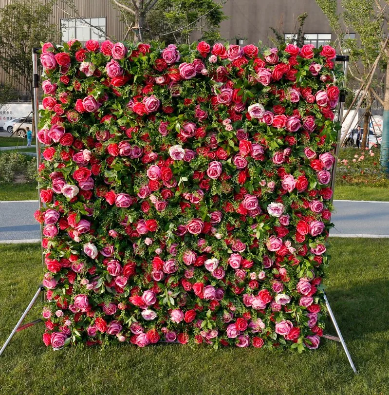 Customized Artificial Fabric Silk Rose Flower Wall Wedding Decoration Backdrops Roll up High End Flower Wall