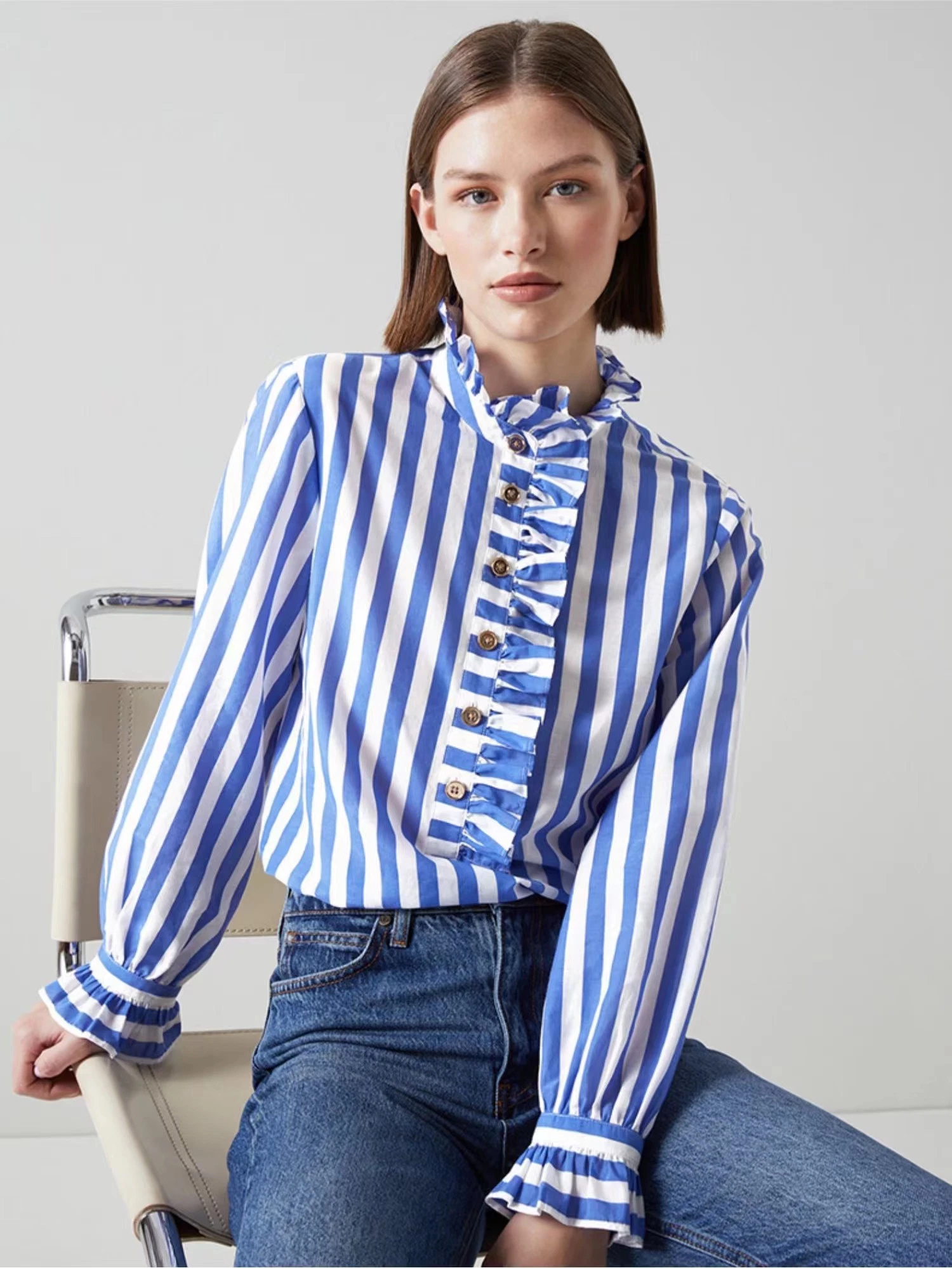 Ladies High quality/High cost performance  Striped Cotton Flare Placket Bell Cuff Shirt Blouse