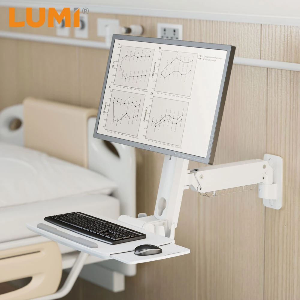 Sit Stand Single Gas Spring Monitor Arm Wall Mount Medical Wall-Mounted Workstation Stand Up Computer Station with Keyboard Tray