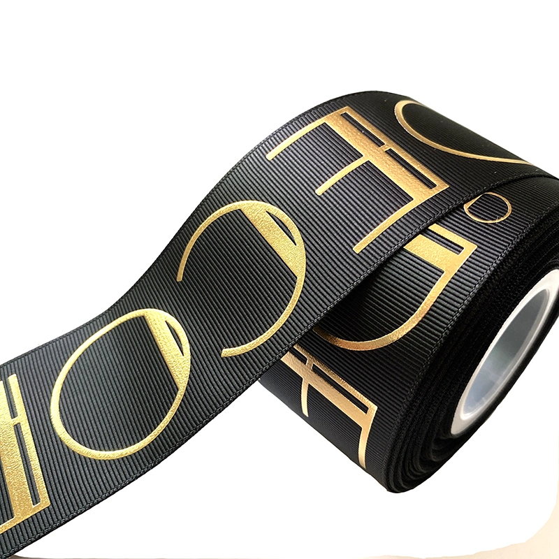 Hot Sale Luxury Custom Logo 2 Inch 3 D Embossed Grosgrain Ribbon Tape Raised Gold Foil Printed Polyester Satin Ribbon