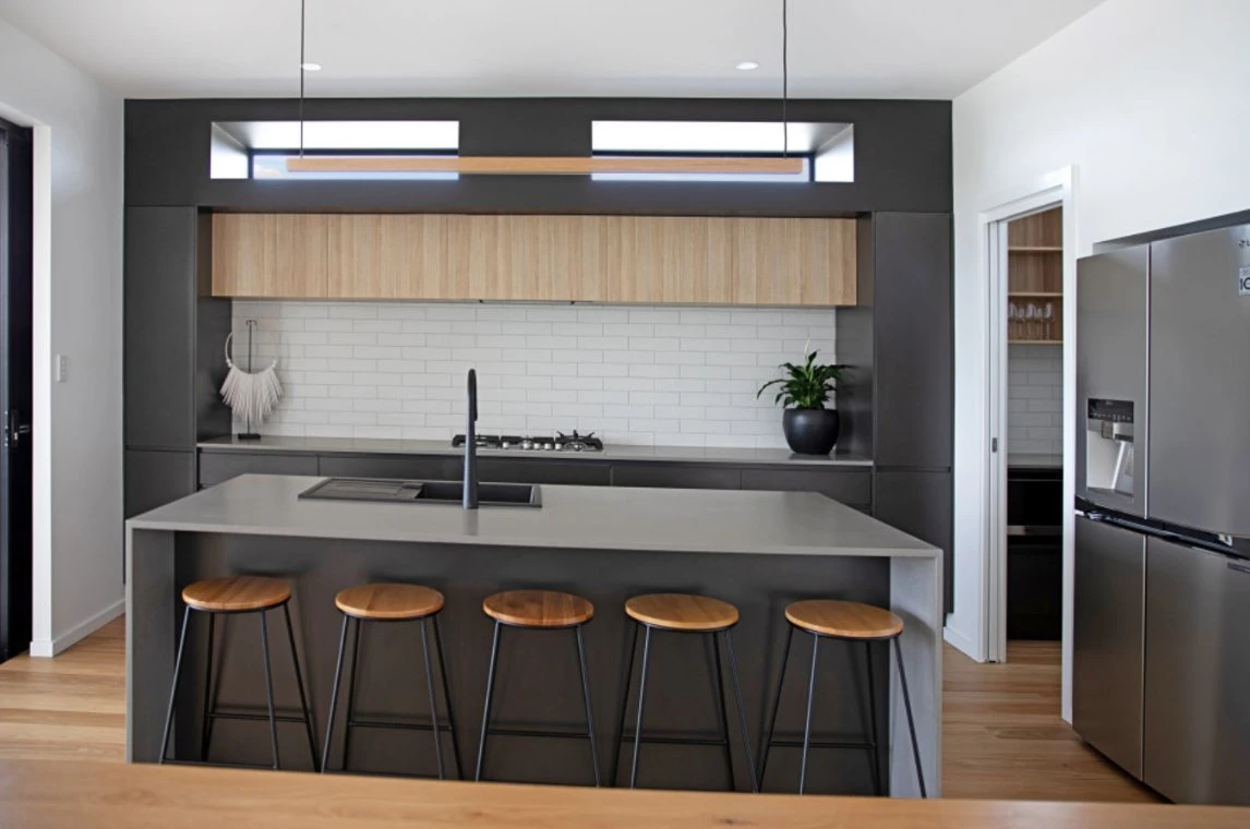 Grau Serie Naturholz offene Küche PVC-Oberfläche Wohnmöbel Moderne Küchenschränke