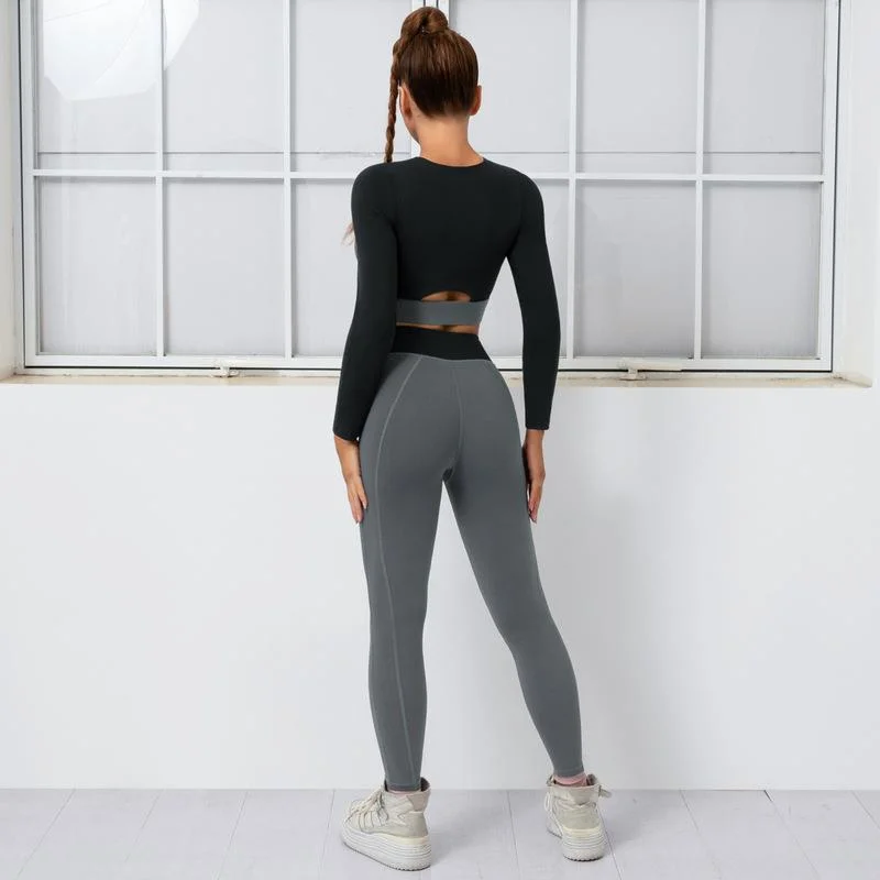 Women Recycled Fabric Set Autumn Winter 2PCS Zipper Long Sleeve Shirt High Waist Leggings Gym Workout Activity Yoga Clothes