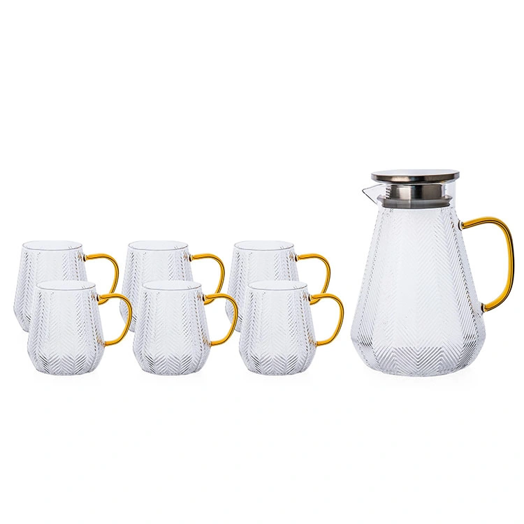 Stripes Embossment Hot Water Glass Tea Mug Set of 7PCS High Borosilicate