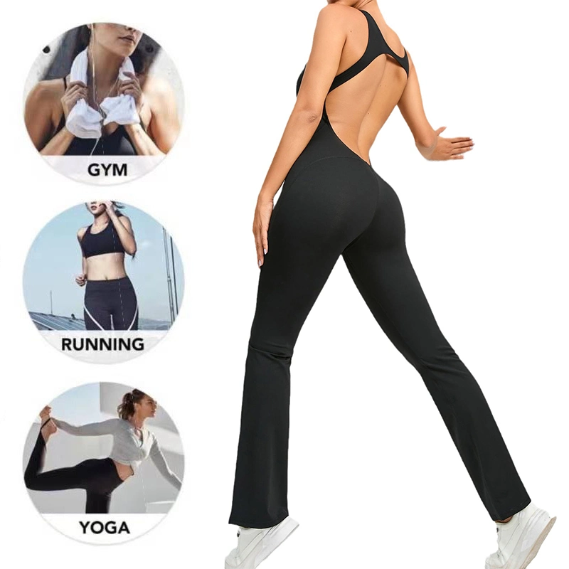 Hot-Sale New Summer Sexy Backless Dance Leotard Sports Clothing for Women, Customized Logo Buttock Lift Tummy Control Flared Yoga Pilates Fitness Jumpsuits