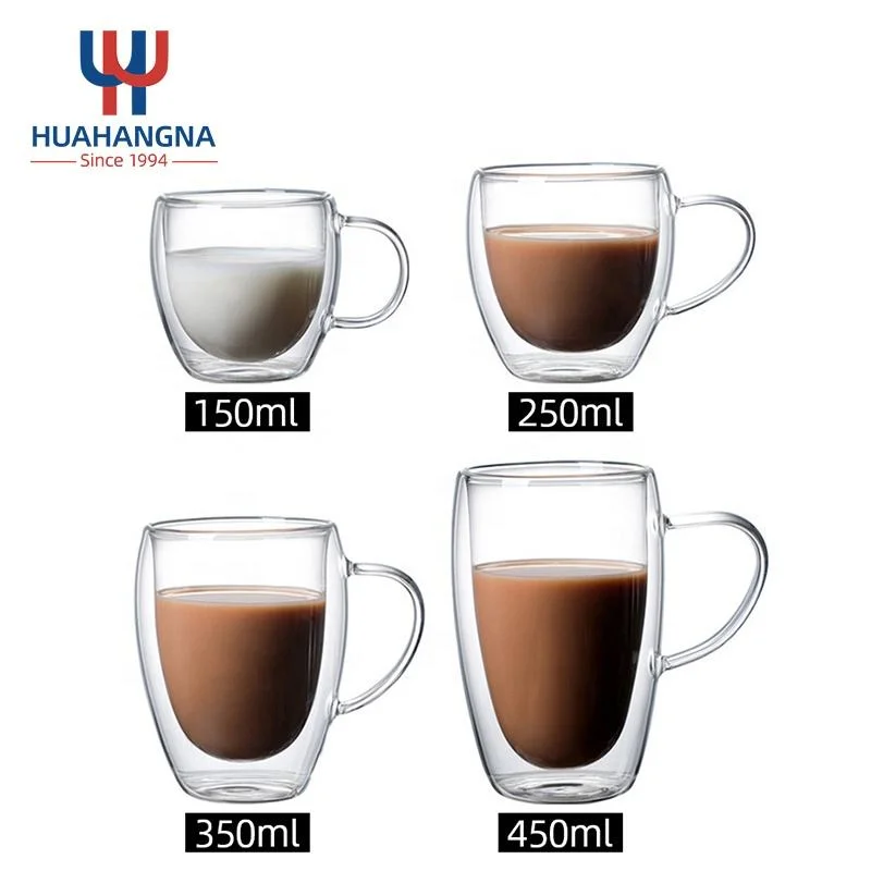 Huahangna Free Sample Custom Logo 250ml Insulated Double Wall Latte Tea Cups Mugs with Handle 8oz Clear Glass Coffee Cup