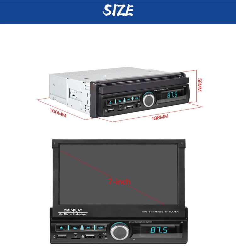 Ecrã táctil retráctil Universal de 7", DIN único, MP5 Bt FM Leitor de automóvel de rádio estéreo Aux Auto-rádio RDS