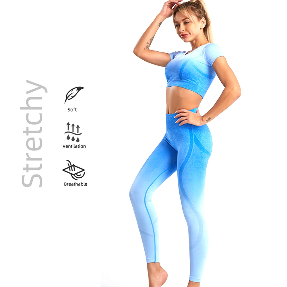 Atrractive Gradient Seamless Activewear Sportswear for Young Girls, Womens Colorful Short-Sleeve Tank Top and Yoga Pants Gym Fitness Clothing Ombre Yoga Set