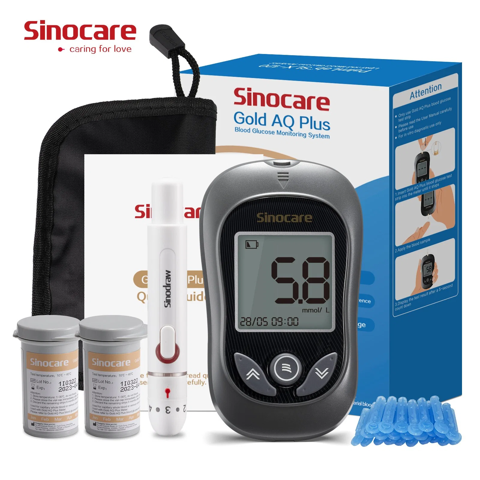 Sinocare Blood Glucose Meter Digital Blood Glucose Check up Meter Glucometer Digital Non Invasive Glucose Meter Product with Test Strips