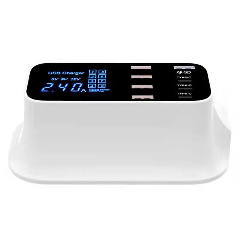 chargeur USB multiples, 8 ports Station de charge de bureau avec une charge rapide 3,0 port USB, Port de type C et écran LCD pour les téléphones intelligents, comprimé et plus