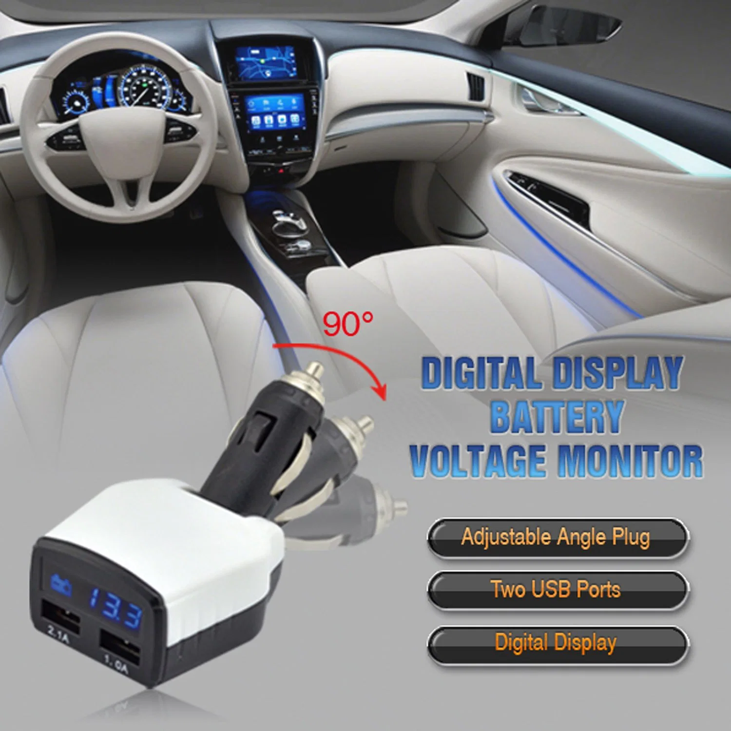 12V Auto Battery Monitor with 2 USB Ports Battery Tester