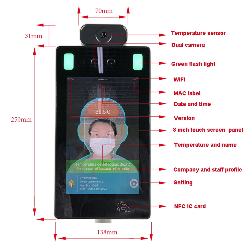 De 8 polegadas de alta definição em um único toque Android Market 7.0 Scanner de reconhecimento facial de infravermelho de temperatura com SNF