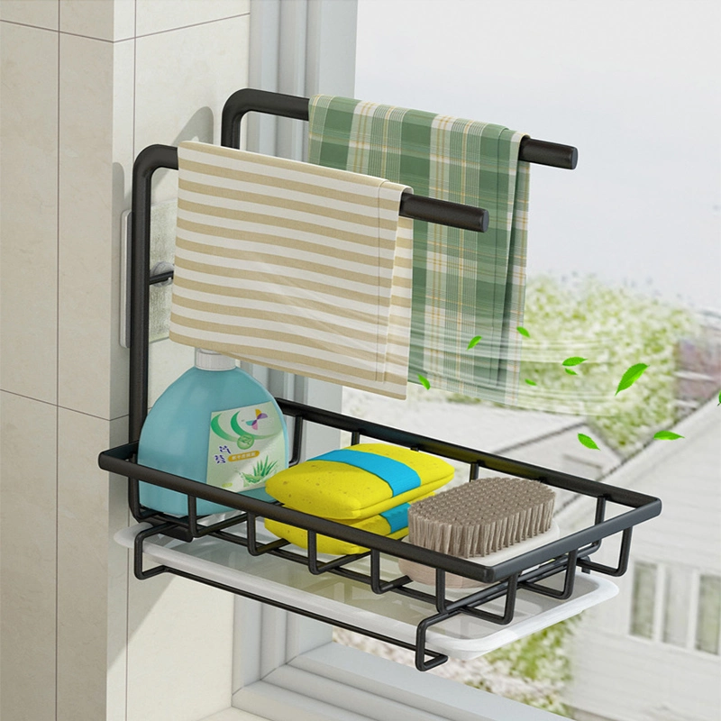 Stainless Steel 304 Kitchen Sponge Holder Kitchen Sink Organizer Caddy with Towel Rack and Drain Tray