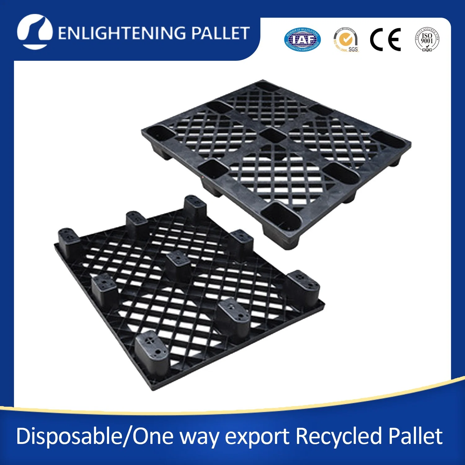 One Way Export Black Light Duty/Weight Industrial Warehouse Flooring Four Way Entry 9 Runner/Leg Nestable Recycled HDPE Disposable Plastic Pallets for Exporting