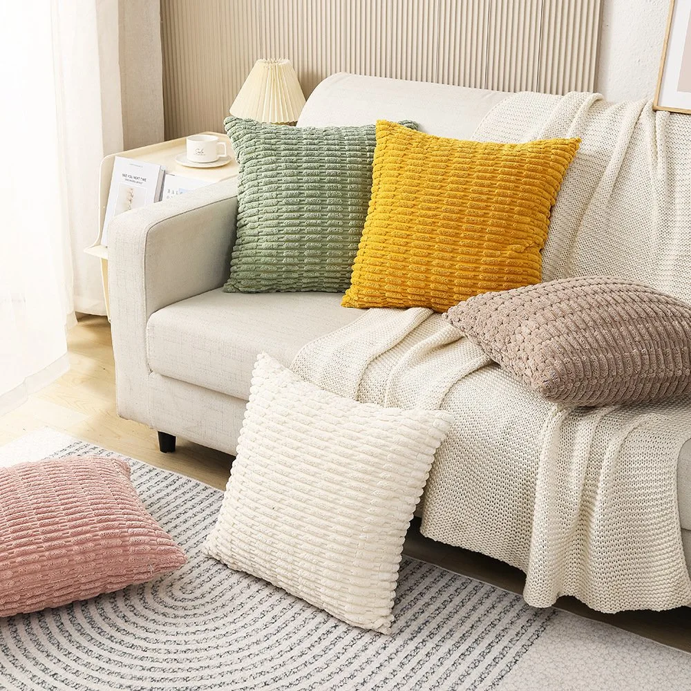 New Chubby Corduroy Couch Pillow Nordic Solid Pink18X18 Inch Soft Boho Striped Square Cushion Home Striped Decorative Sofa Pillow